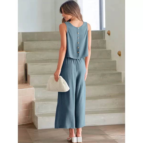 imageANRABESS Womens Summer 2 Piece Outfits Sleeveless Tank Crop Button Back Top Cropped Wide Leg Pants Set PocketsGray Blue