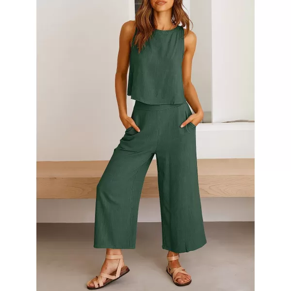 imageANRABESS Womens Summer 2 Piece Outfits Sleeveless Tank Crop Button Back Top Cropped Wide Leg Pants Set PocketsGreen