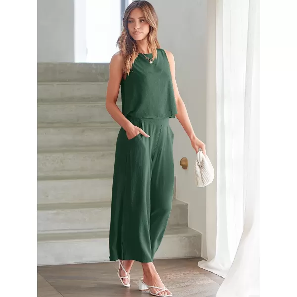 imageANRABESS Womens Summer 2 Piece Outfits Sleeveless Tank Crop Button Back Top Cropped Wide Leg Pants Set PocketsGreen