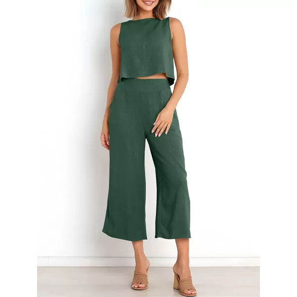 imageANRABESS Womens Summer 2 Piece Outfits Sleeveless Tank Crop Button Back Top Cropped Wide Leg Pants Set PocketsGreen