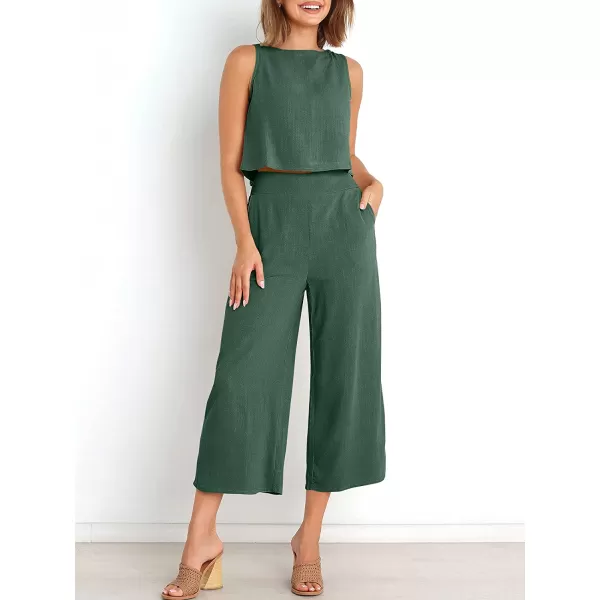 imageANRABESS Womens Summer 2 Piece Outfits Sleeveless Tank Crop Button Back Top Cropped Wide Leg Pants Set PocketsGreen