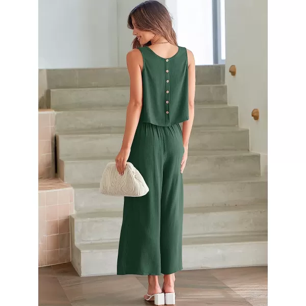 imageANRABESS Womens Summer 2 Piece Outfits Sleeveless Tank Crop Button Back Top Cropped Wide Leg Pants Set PocketsGreen
