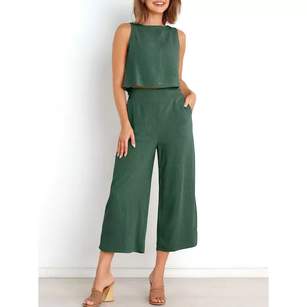 imageANRABESS Womens Summer 2 Piece Outfits Sleeveless Tank Crop Button Back Top Cropped Wide Leg Pants Set PocketsGreen