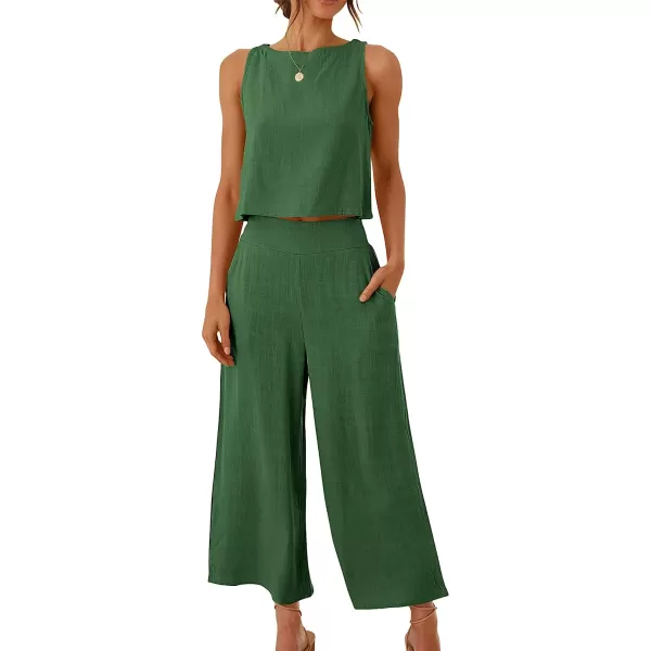imageANRABESS Womens Summer 2 Piece Outfits Sleeveless Tank Crop Button Back Top Cropped Wide Leg Pants Set PocketsGreen