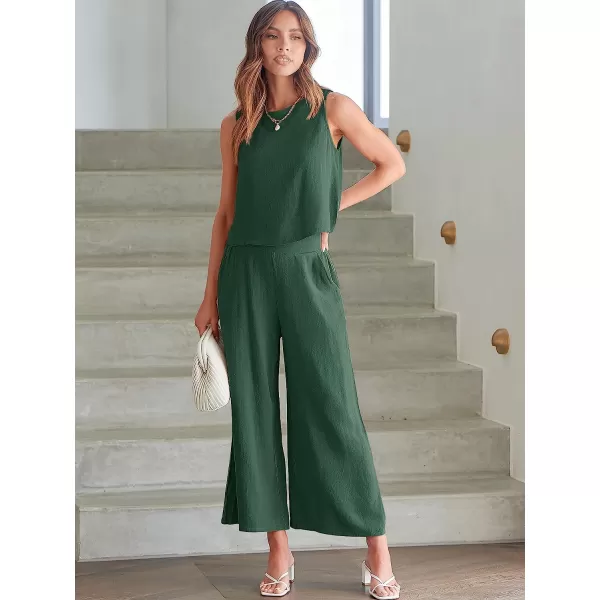 imageANRABESS Womens Summer 2 Piece Outfits Sleeveless Tank Crop Button Back Top Cropped Wide Leg Pants Set PocketsGreen