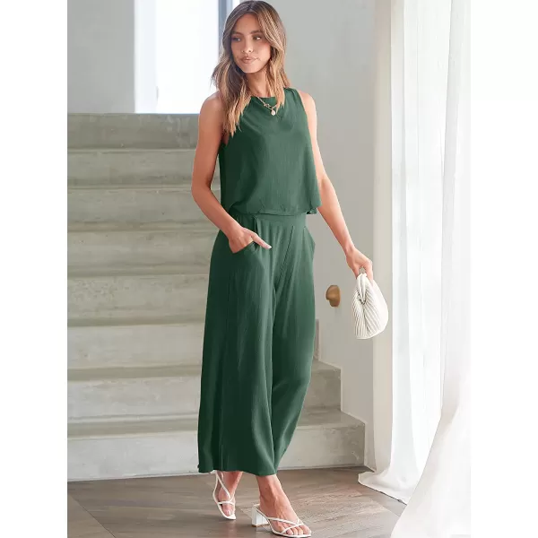 imageANRABESS Womens Summer 2 Piece Outfits Sleeveless Tank Crop Button Back Top Cropped Wide Leg Pants Set PocketsGreen