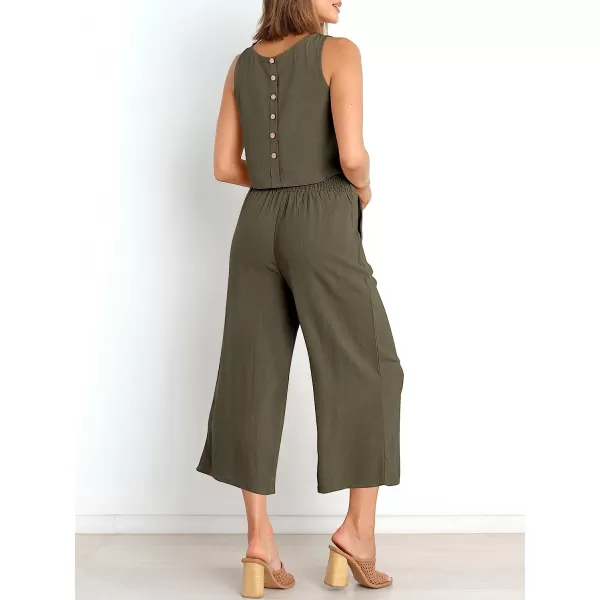 imageANRABESS Womens Summer 2 Piece Outfits Sleeveless Tank Crop Button Back Top Cropped Wide Leg Pants Set PocketsGrey Green