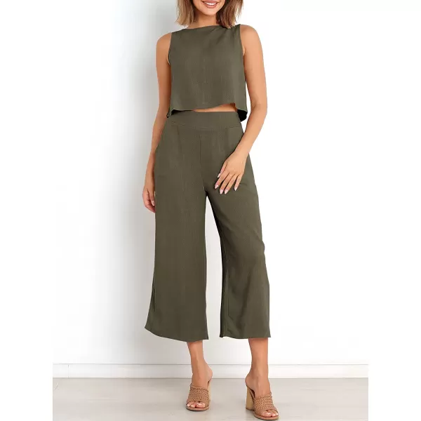 imageANRABESS Womens Summer 2 Piece Outfits Sleeveless Tank Crop Button Back Top Cropped Wide Leg Pants Set PocketsGrey Green