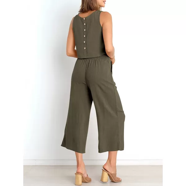 imageANRABESS Womens Summer 2 Piece Outfits Sleeveless Tank Crop Button Back Top Cropped Wide Leg Pants Set PocketsGrey Green