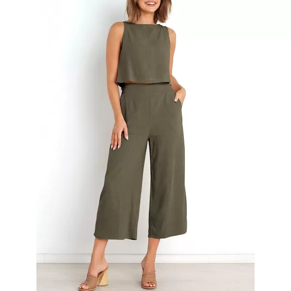 imageANRABESS Womens Summer 2 Piece Outfits Sleeveless Tank Crop Button Back Top Cropped Wide Leg Pants Set PocketsGrey Green