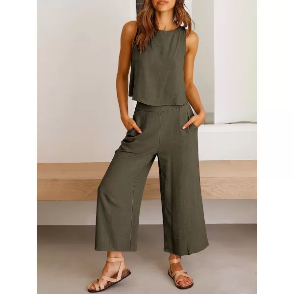 imageANRABESS Womens Summer 2 Piece Outfits Sleeveless Tank Crop Button Back Top Cropped Wide Leg Pants Set PocketsGrey Green