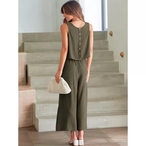 imageANRABESS Womens Summer 2 Piece Outfits Sleeveless Tank Crop Button Back Top Cropped Wide Leg Pants Set PocketsGrey Green