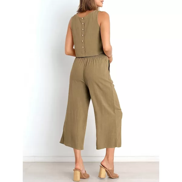 imageANRABESS Womens Summer 2 Piece Outfits Sleeveless Tank Crop Button Back Top Cropped Wide Leg Pants Set PocketsKhaki