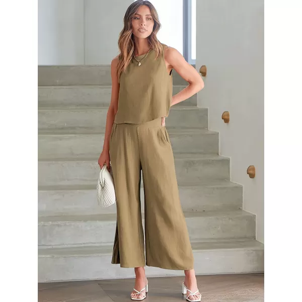 imageANRABESS Womens Summer 2 Piece Outfits Sleeveless Tank Crop Button Back Top Cropped Wide Leg Pants Set PocketsKhaki