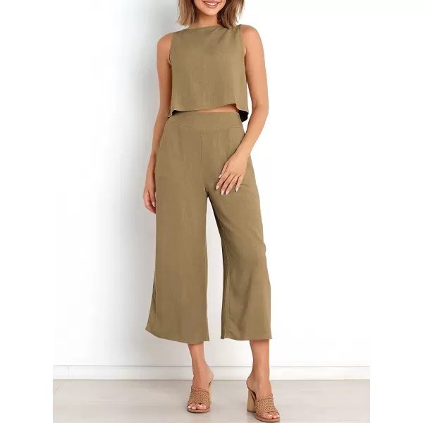 imageANRABESS Womens Summer 2 Piece Outfits Sleeveless Tank Crop Button Back Top Cropped Wide Leg Pants Set PocketsKhaki