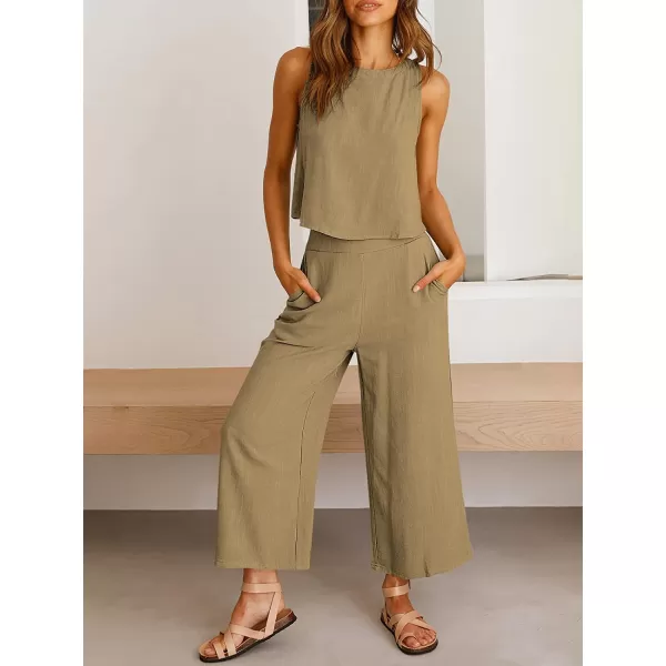 imageANRABESS Womens Summer 2 Piece Outfits Sleeveless Tank Crop Button Back Top Cropped Wide Leg Pants Set PocketsKhaki