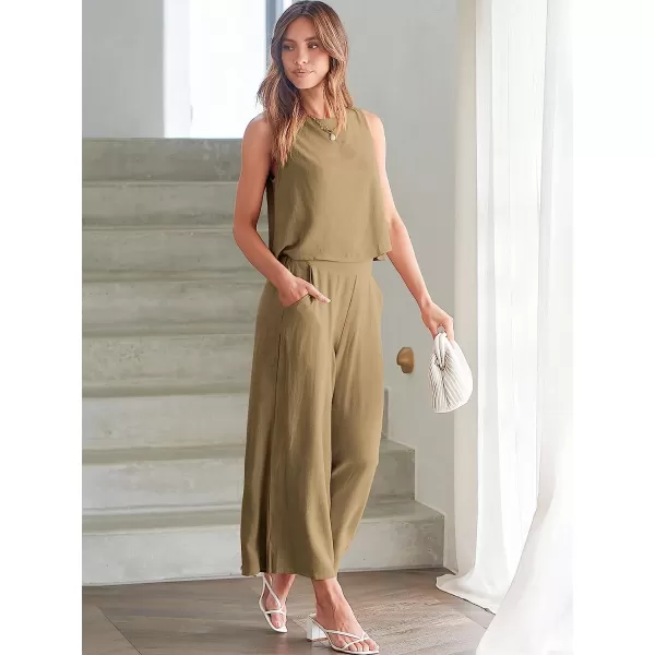 imageANRABESS Womens Summer 2 Piece Outfits Sleeveless Tank Crop Button Back Top Cropped Wide Leg Pants Set PocketsKhaki