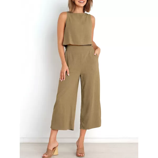 imageANRABESS Womens Summer 2 Piece Outfits Sleeveless Tank Crop Button Back Top Cropped Wide Leg Pants Set PocketsKhaki