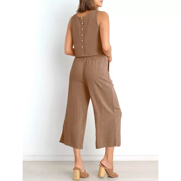 imageANRABESS Womens Summer 2 Piece Outfits Sleeveless Tank Crop Button Back Top Cropped Wide Leg Pants Set PocketsLight Brown