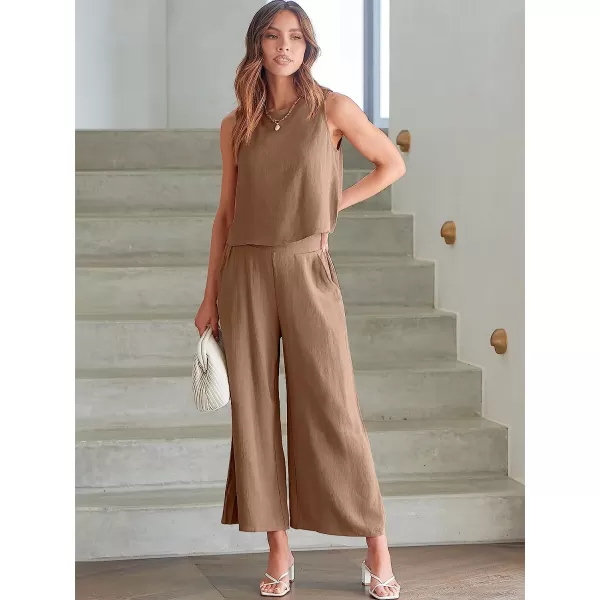 imageANRABESS Womens Summer 2 Piece Outfits Sleeveless Tank Crop Button Back Top Cropped Wide Leg Pants Set PocketsLight Brown