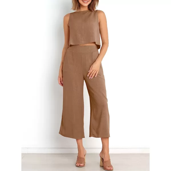 imageANRABESS Womens Summer 2 Piece Outfits Sleeveless Tank Crop Button Back Top Cropped Wide Leg Pants Set PocketsLight Brown
