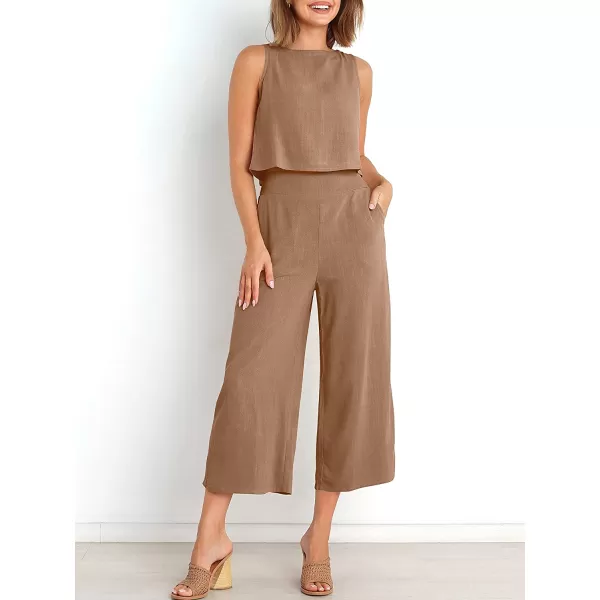 imageANRABESS Womens Summer 2 Piece Outfits Sleeveless Tank Crop Button Back Top Cropped Wide Leg Pants Set PocketsLight Brown