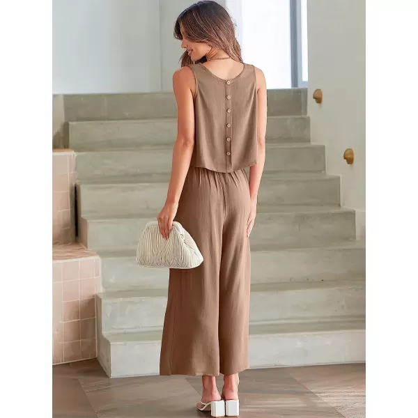 imageANRABESS Womens Summer 2 Piece Outfits Sleeveless Tank Crop Button Back Top Cropped Wide Leg Pants Set PocketsLight Brown
