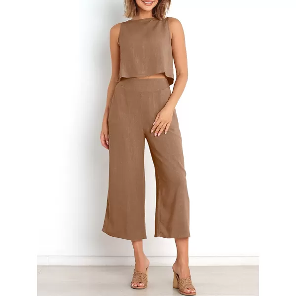imageANRABESS Womens Summer 2 Piece Outfits Sleeveless Tank Crop Button Back Top Cropped Wide Leg Pants Set PocketsLight Brown