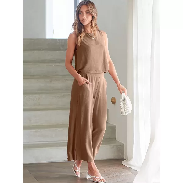 imageANRABESS Womens Summer 2 Piece Outfits Sleeveless Tank Crop Button Back Top Cropped Wide Leg Pants Set PocketsLight Brown
