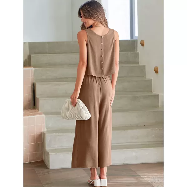 imageANRABESS Womens Summer 2 Piece Outfits Sleeveless Tank Crop Button Back Top Cropped Wide Leg Pants Set PocketsLight Brown
