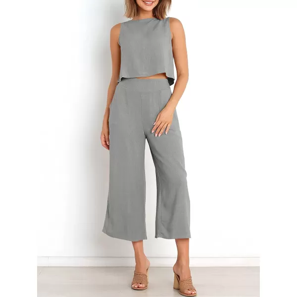 imageANRABESS Womens Summer 2 Piece Outfits Sleeveless Tank Crop Button Back Top Cropped Wide Leg Pants Set PocketsLight Gray