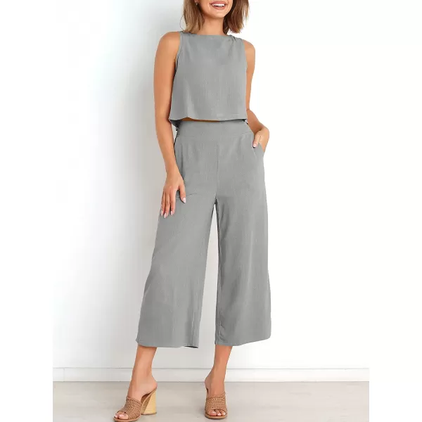imageANRABESS Womens Summer 2 Piece Outfits Sleeveless Tank Crop Button Back Top Cropped Wide Leg Pants Set PocketsLight Gray
