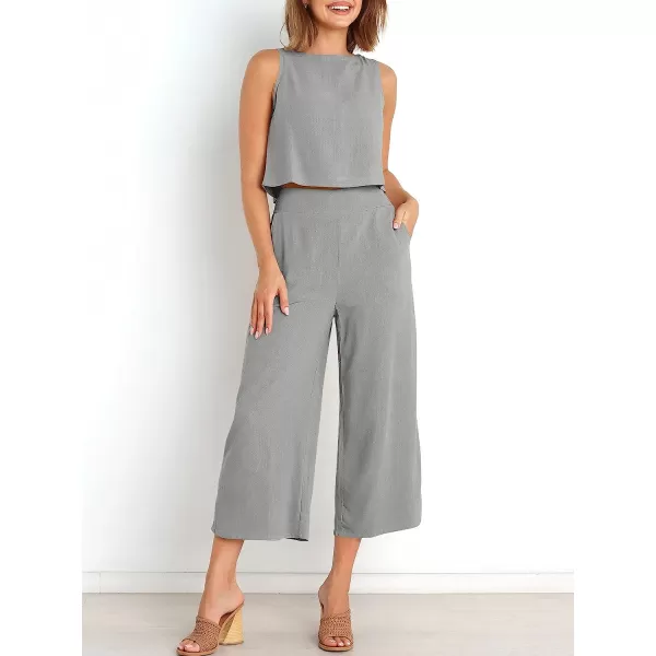 imageANRABESS Womens Summer 2 Piece Outfits Sleeveless Tank Crop Button Back Top Cropped Wide Leg Pants Set PocketsLight Gray