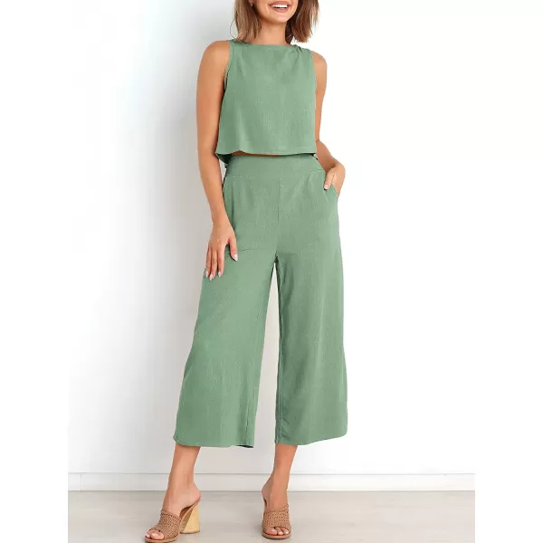 imageANRABESS Womens Summer 2 Piece Outfits Sleeveless Tank Crop Button Back Top Cropped Wide Leg Pants Set PocketsLight Green