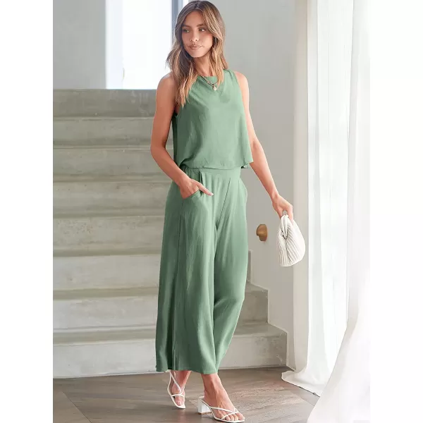 imageANRABESS Womens Summer 2 Piece Outfits Sleeveless Tank Crop Button Back Top Cropped Wide Leg Pants Set PocketsLight Green