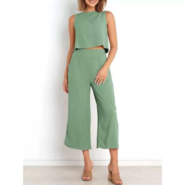 imageANRABESS Womens Summer 2 Piece Outfits Sleeveless Tank Crop Button Back Top Cropped Wide Leg Pants Set PocketsLight Green