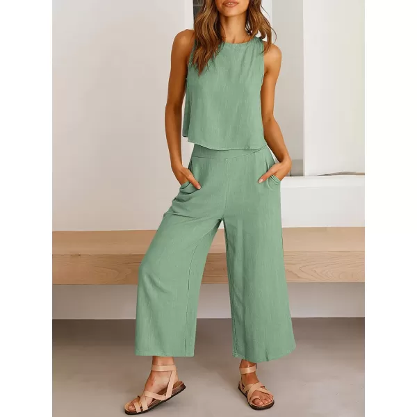 imageANRABESS Womens Summer 2 Piece Outfits Sleeveless Tank Crop Button Back Top Cropped Wide Leg Pants Set PocketsLight Green
