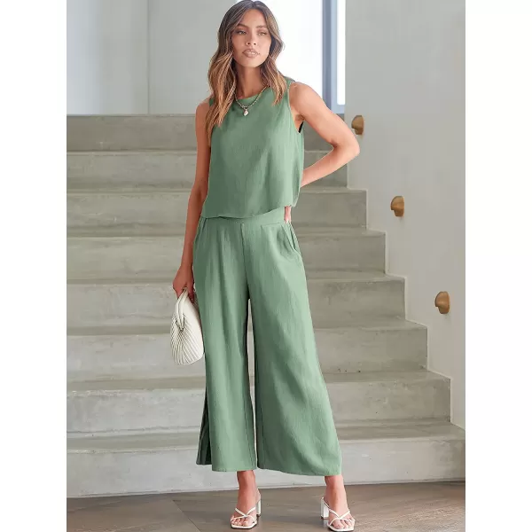 imageANRABESS Womens Summer 2 Piece Outfits Sleeveless Tank Crop Button Back Top Cropped Wide Leg Pants Set PocketsLight Green