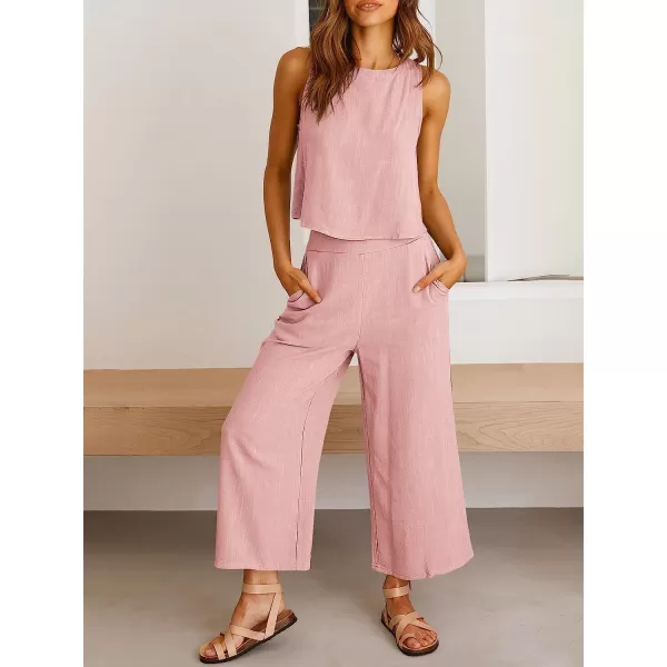 imageANRABESS Womens Summer 2 Piece Outfits Sleeveless Tank Crop Button Back Top Cropped Wide Leg Pants Set PocketsLight Pink