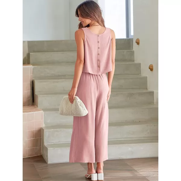 imageANRABESS Womens Summer 2 Piece Outfits Sleeveless Tank Crop Button Back Top Cropped Wide Leg Pants Set PocketsLight Pink