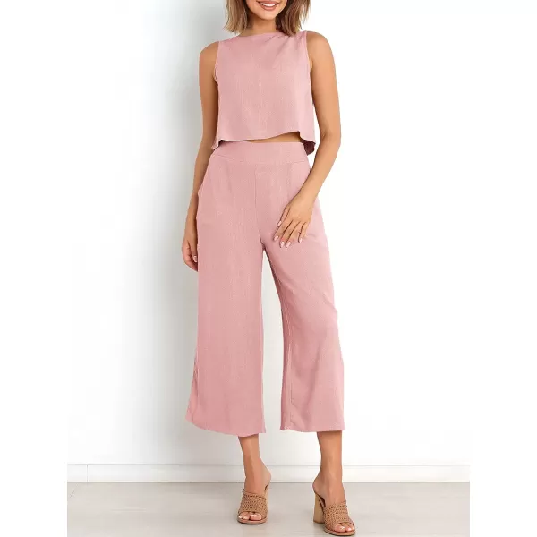 imageANRABESS Womens Summer 2 Piece Outfits Sleeveless Tank Crop Button Back Top Cropped Wide Leg Pants Set PocketsLight Pink