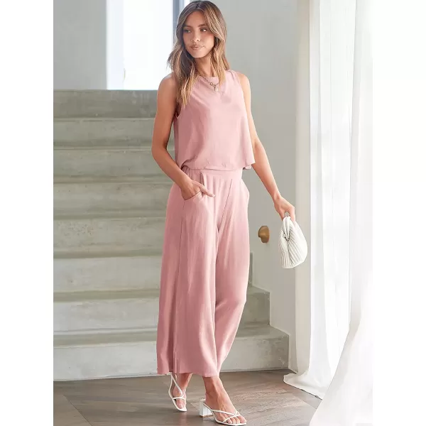 imageANRABESS Womens Summer 2 Piece Outfits Sleeveless Tank Crop Button Back Top Cropped Wide Leg Pants Set PocketsLight Pink