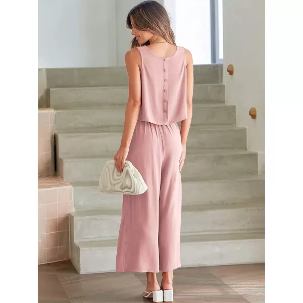 imageANRABESS Womens Summer 2 Piece Outfits Sleeveless Tank Crop Button Back Top Cropped Wide Leg Pants Set PocketsLight Pink
