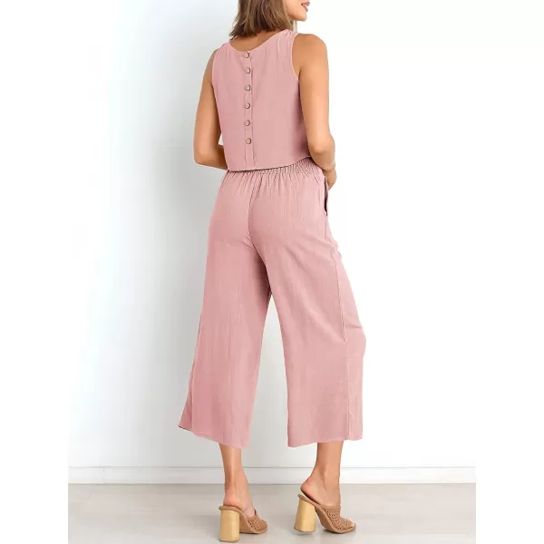 imageANRABESS Womens Summer 2 Piece Outfits Sleeveless Tank Crop Button Back Top Cropped Wide Leg Pants Set PocketsLight Pink