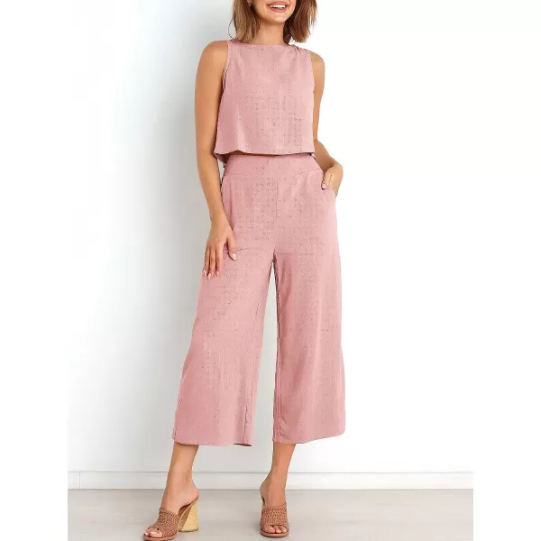 imageANRABESS Womens Summer 2 Piece Outfits Sleeveless Tank Crop Button Back Top Cropped Wide Leg Pants Set PocketsLight Pink