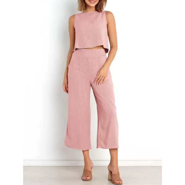 imageANRABESS Womens Summer 2 Piece Outfits Sleeveless Tank Crop Button Back Top Cropped Wide Leg Pants Set PocketsLight Pink