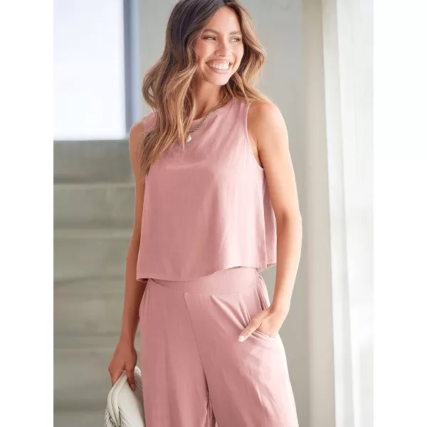 imageANRABESS Womens Summer 2 Piece Outfits Sleeveless Tank Crop Button Back Top Cropped Wide Leg Pants Set PocketsLight Pink