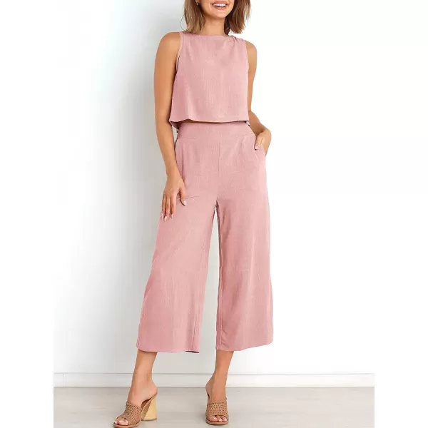 imageANRABESS Womens Summer 2 Piece Outfits Sleeveless Tank Crop Button Back Top Cropped Wide Leg Pants Set PocketsLight Pink