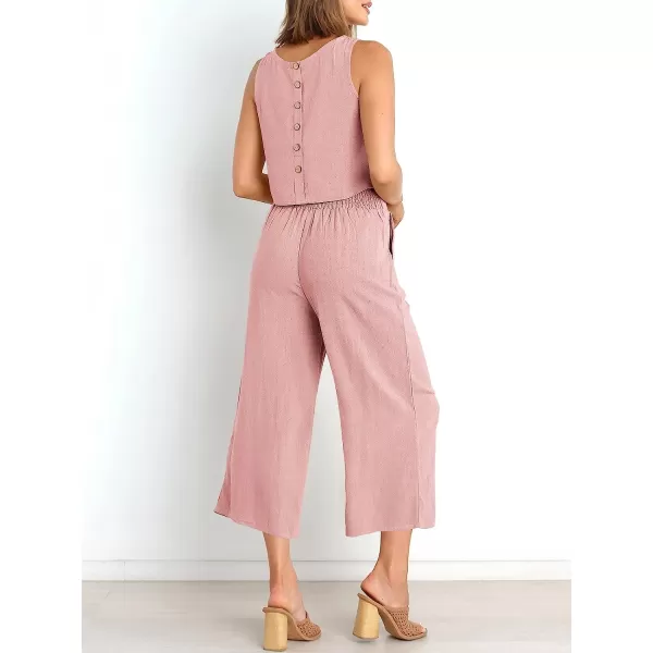 imageANRABESS Womens Summer 2 Piece Outfits Sleeveless Tank Crop Button Back Top Cropped Wide Leg Pants Set PocketsLight Pink
