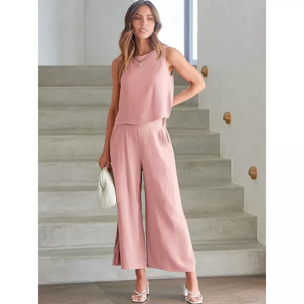 imageANRABESS Womens Summer 2 Piece Outfits Sleeveless Tank Crop Button Back Top Cropped Wide Leg Pants Set PocketsLight Pink